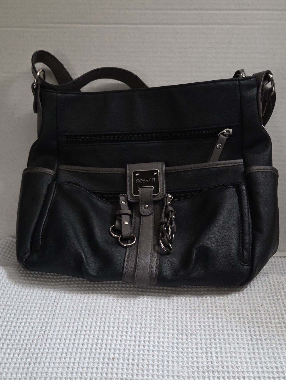 Rosetti Black and Gray Leather Shoulder Bag with Accent Straps